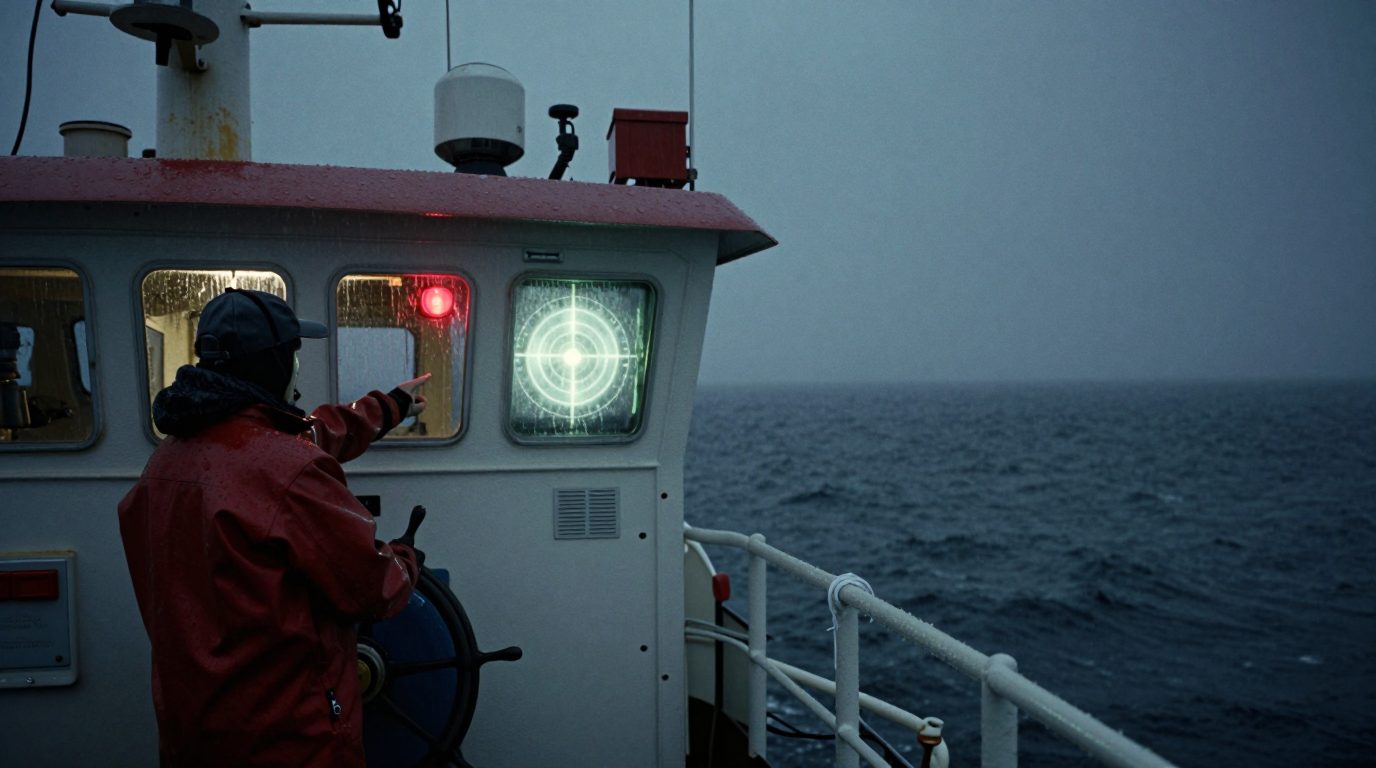 Anjungan kapal pukat saat badai malam: nakhoda memegang kemudi, mualim menunjuk radar, air menghantam kaca, lampu merah instrumen.
